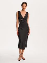 Omnes Black Maizie Tie Back Lace Trim Midi Slip Dress - Image 1 of 6