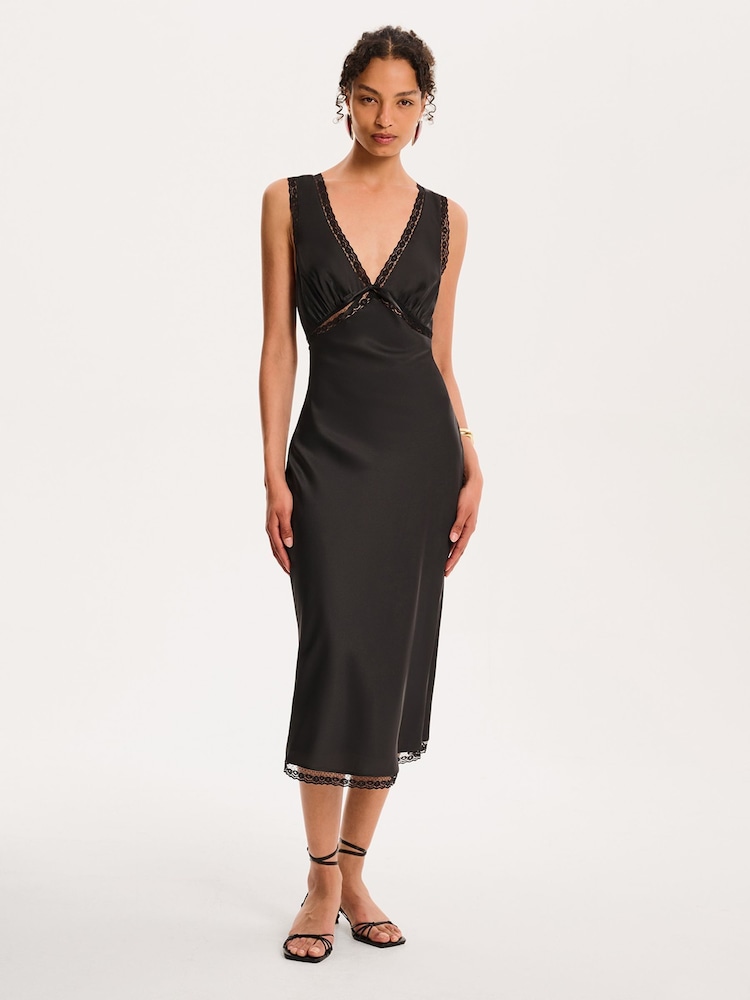 Omnes Black Maizie Tie Back Lace Trim Midi Slip Dress - Image 1 of 6