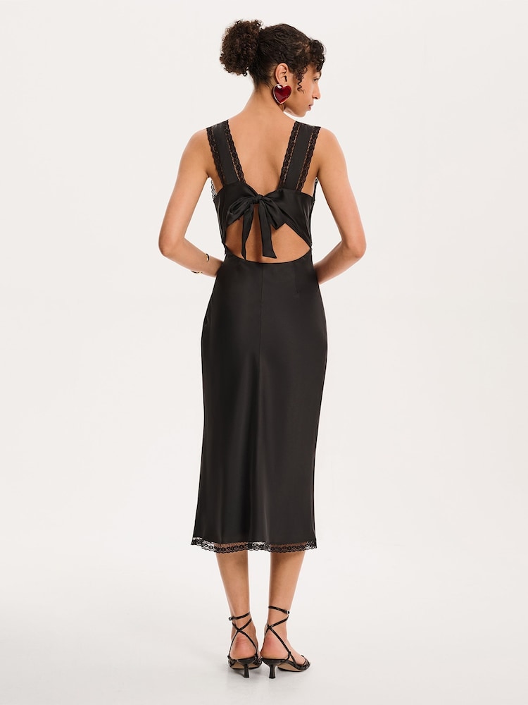 Omnes Black Maizie Tie Back Lace Trim Midi Slip Dress - Image 2 of 6