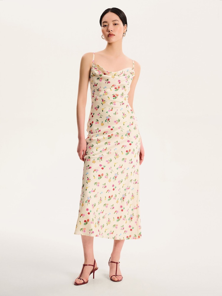 Omnes Yellow Belle Cowl Detail Tie Back Floral Midi Dress - Image 1 of 4
