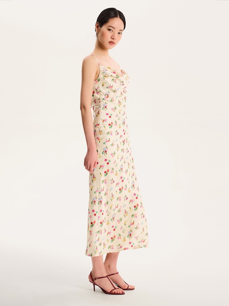 Omnes Yellow Belle Cowl Detail Tie Back Floral Midi Dress - Image 2 of 4