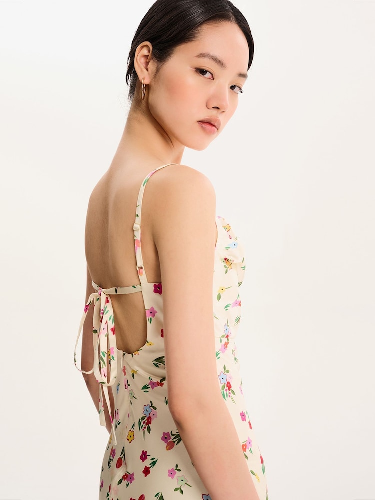 Omnes Yellow Belle Cowl Detail Tie Back Floral Midi Dress - Image 4 of 4