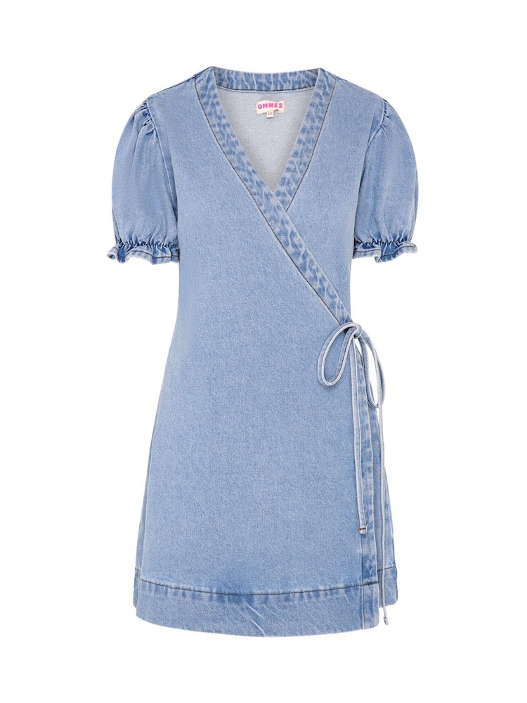Omnes 100% Cotton Mikayla Puff Sleeve Wrap Mini Dress in Denim - صورة 1 من 1