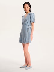 Omnes Blue 100% Cotton Mikayla Puff Sleeve Wrap Mini Dress in Denim - Image 2 of 5