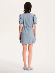 Omnes Blue 100% Cotton Mikayla Puff Sleeve Wrap Mini Dress in Denim - Image 3 of 5