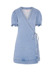 Omnes Blue 100% Cotton Mikayla Puff Sleeve Wrap Mini Dress in Denim - Image 5 of 5