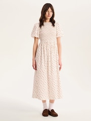 Weiß - Omnes Terri 100% Cotton Shirred Puff Sleeve Floral Midi Dress - Bild 1 von 4