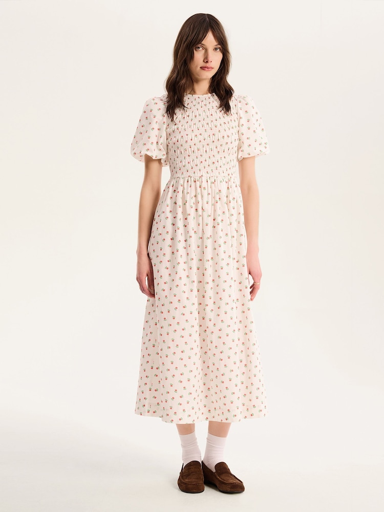 Weiß - Omnes Terri 100% Cotton Shirred Puff Sleeve Floral Midi Dress - Bild 1 von 4