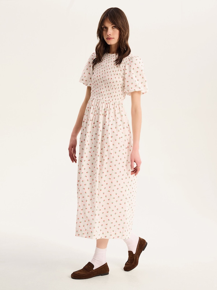 Weiß - Omnes Terri 100% Cotton Shirred Puff Sleeve Floral Midi Dress - Bild 2 von 4