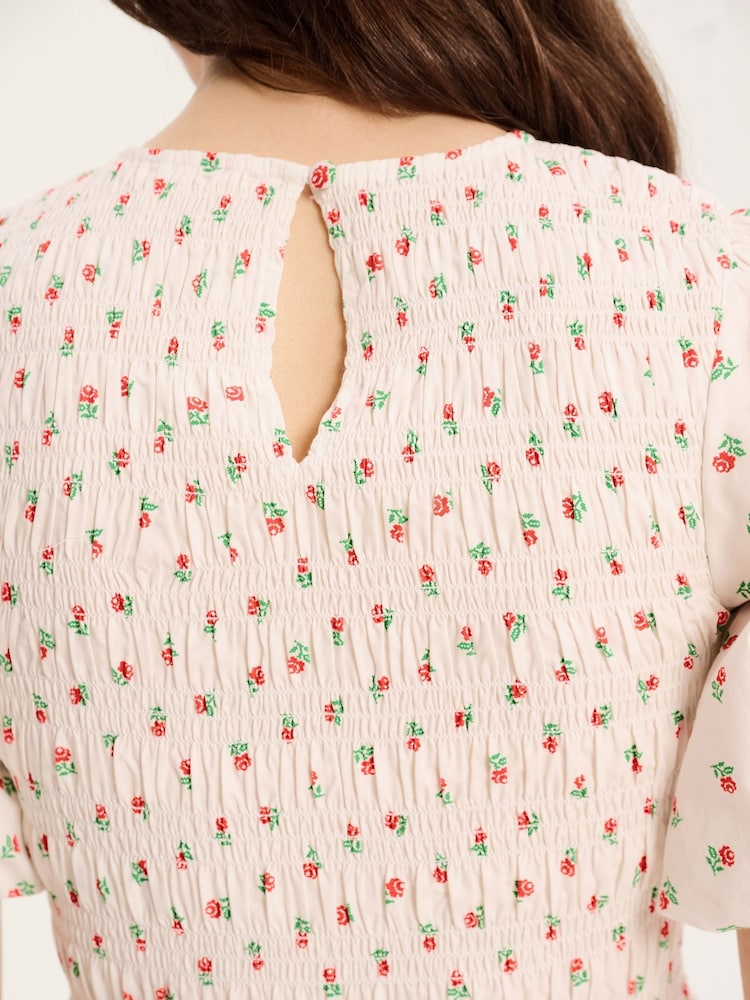 Weiß - Omnes Terri 100% Cotton Shirred Puff Sleeve Floral Midi Dress - Bild 4 von 4