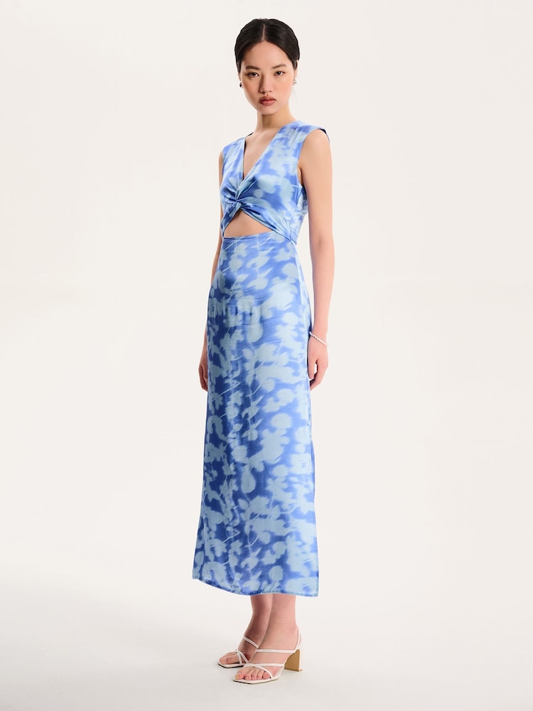 Omnes Blue Marin V-Neck Front Twist Satin Midi Dress - Image 2 of 5