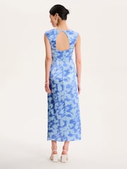 Omnes Blue Marin V-Neck Front Twist Satin Midi Dress - Image 3 of 5