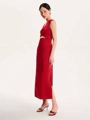 Omnes Red Marin V-Neck Front Twist Satin Midi Dress - Image 3 of 5