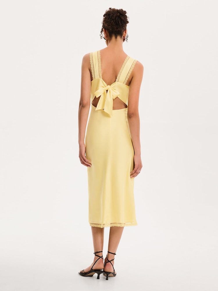 Omnes Yellow Maizie Tie Back Lace Trim Midi Slip Dress - Image 2 of 4