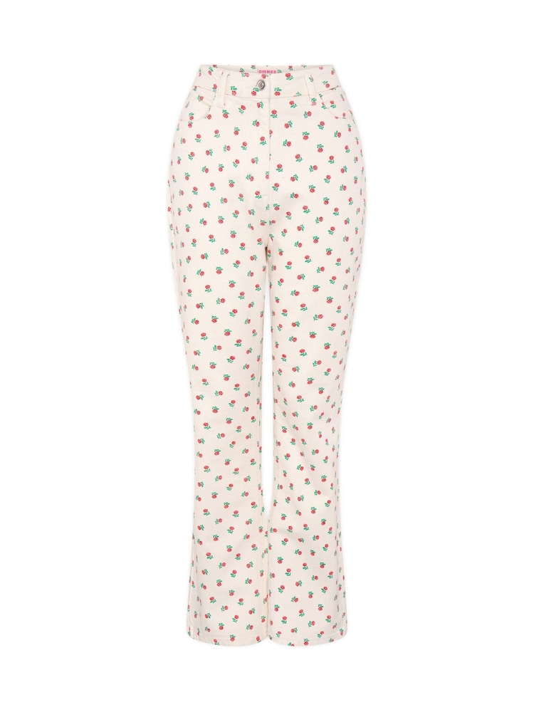 Omnes White Sarah Jane 100% Cotton Cropped Flare Rose Print Jeans - Image 1 of 1