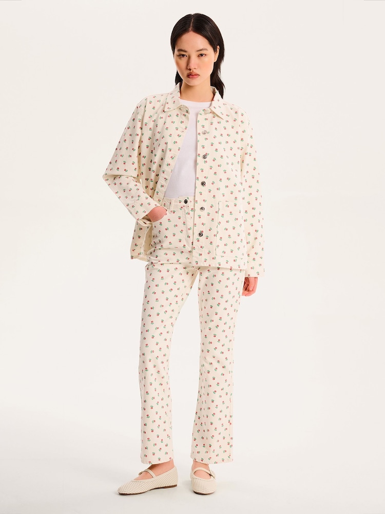 Omnes White Sarah Jane 100% Cotton Cropped Flare Rose Print Jeans - Image 1 of 5 Omnes White Sarah Jane 100% Cotton Cropped Flare Rose Print Jeans - Image 1 of 5