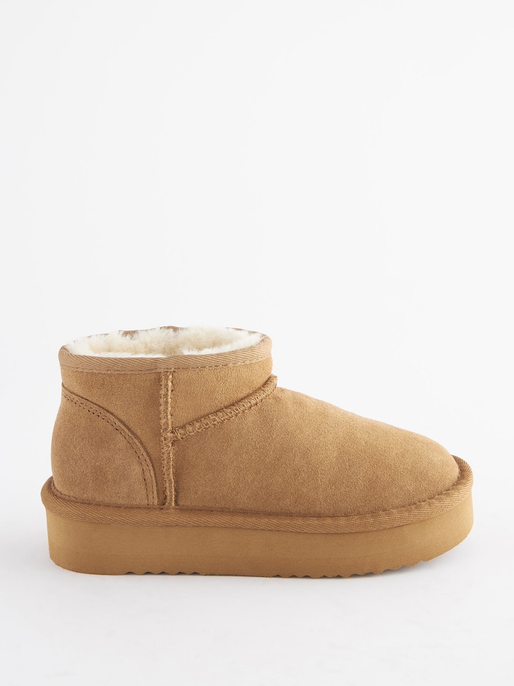 Tan Brown Wide Fit (G) Flatform Mini Warm Lined Water Repellent Suede Pull-On Boots - Image 2 of 6 Tan Brown Wide Fit (G) Flatform Mini Warm Lined Water Repellent Suede Pull-On Boots - Image 2 of 6