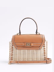 River Island Brown Raffia Mini Tote Cross Body Bag - Image 1 of 6