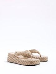 River Island Brown Monogram Toe Thong Wedge Sandals - Image 3 of 6