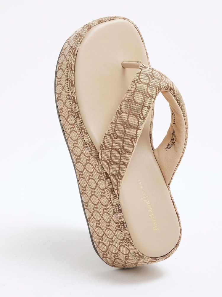 River Island Brown Monogram Toe Thong Wedge Sandals - Image 6 of 6
