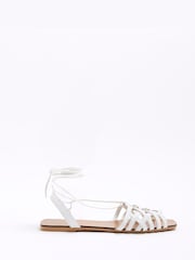 River Island White Wide Fit Caged Tie Up Flat Sandals - Image 1 of 5