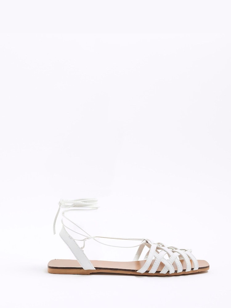 River Island White Wide Fit Caged Tie Up Flat Sandals - Image 1 of 5