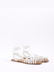 River Island White Wide Fit Caged Tie Up Flat Sandals - Image 2 of 5