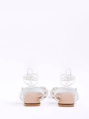 River Island White Wide Fit Caged Tie Up Flat Sandals - Image 3 of 5