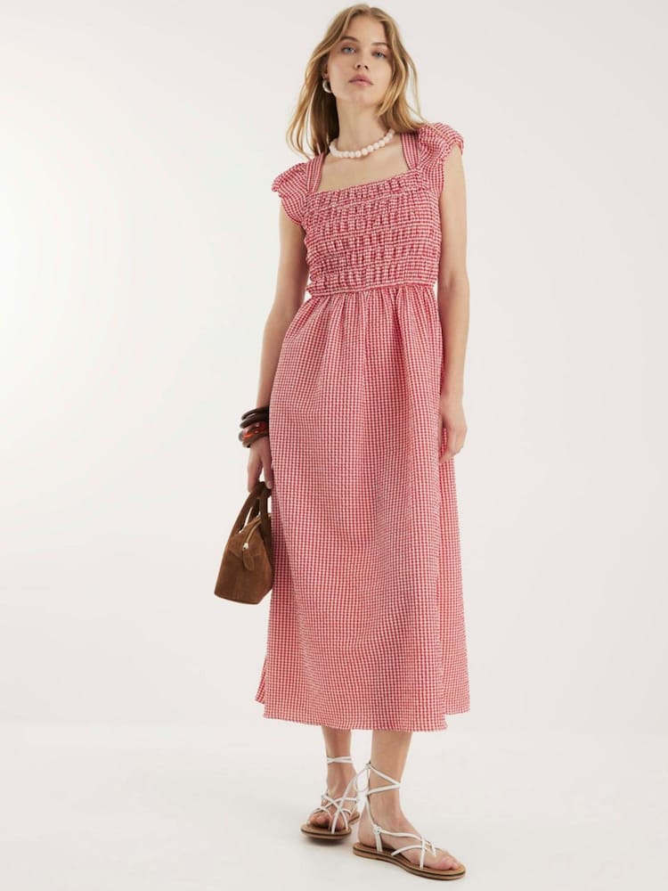 River Island Red Gingham Cap Sleeve Shirred Midi Dress - Image 1 of 4 River Island Red Gingham Cap Sleeve Shirred Midi Dress - Image 1 of 4