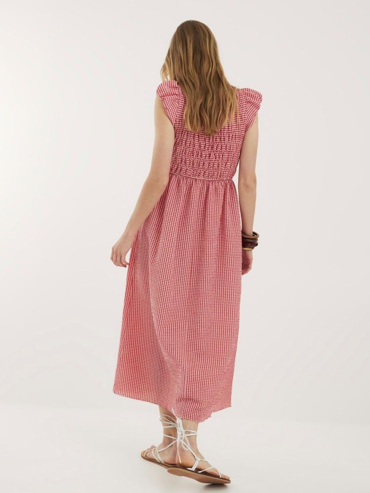 River Island Red Gingham Cap Sleeve Shirred Midi Dress - Image 2 of 4 River Island Red Gingham Cap Sleeve Shirred Midi Dress - Image 2 of 4