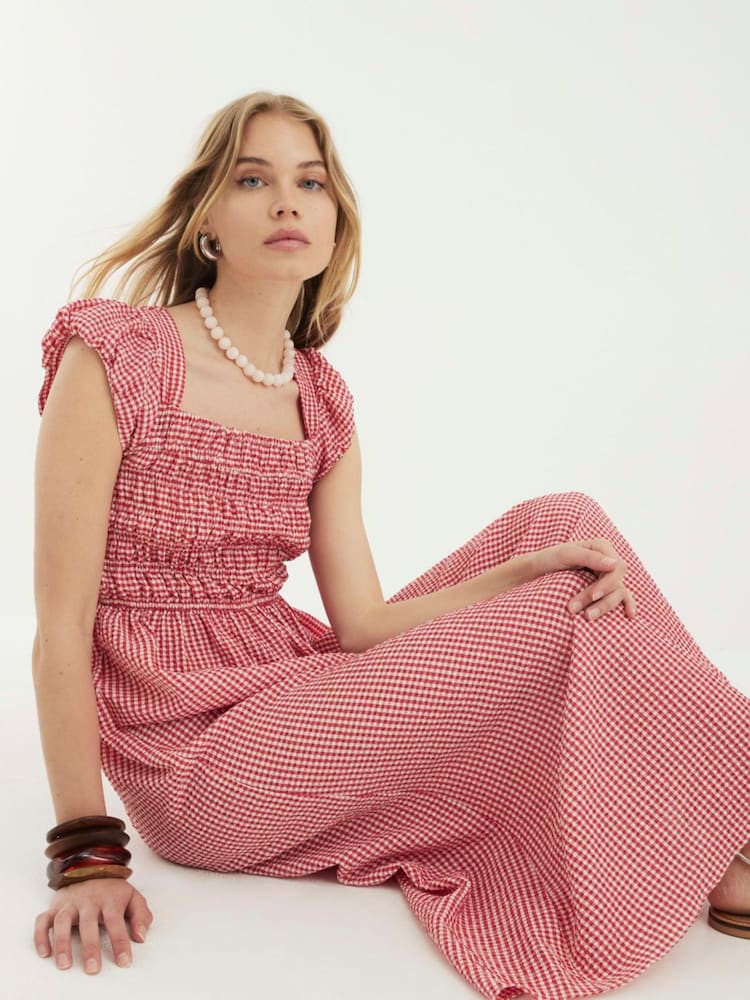 River Island Red Gingham Cap Sleeve Shirred Midi Dress - Image 4 of 4 River Island Red Gingham Cap Sleeve Shirred Midi Dress - Image 4 of 4