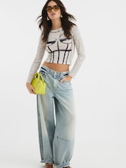 River Island Brown Mesh Printed Ruched Top - Image 1 of 1