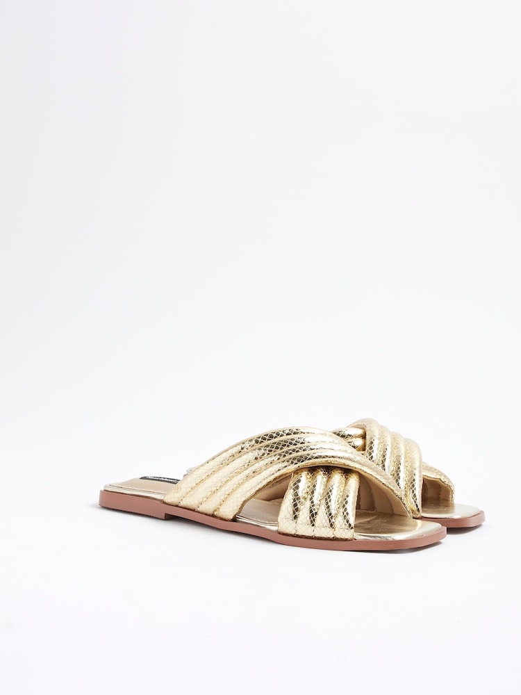 River Island Gold Padded Cross Strap Flat Mules - Image 1 of 6 River Island Gold Padded Cross Strap Flat Mules - Image 1 of 6