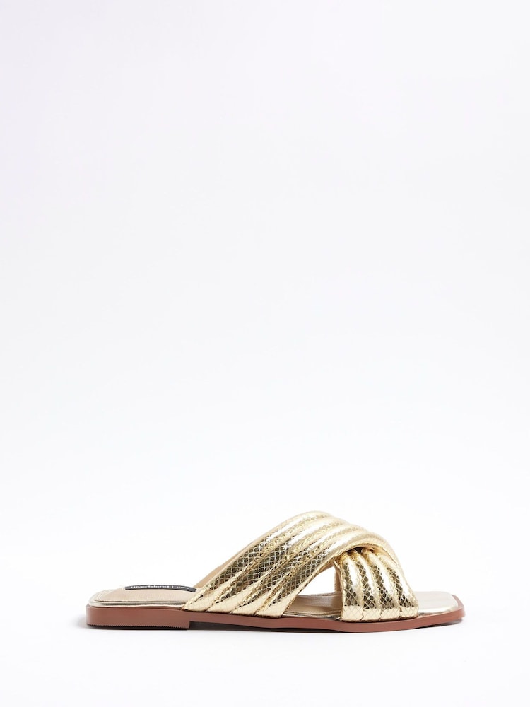 River Island Gold Padded Cross Strap Flat Mules - Image 2 of 6 River Island Gold Padded Cross Strap Flat Mules - Image 2 of 6