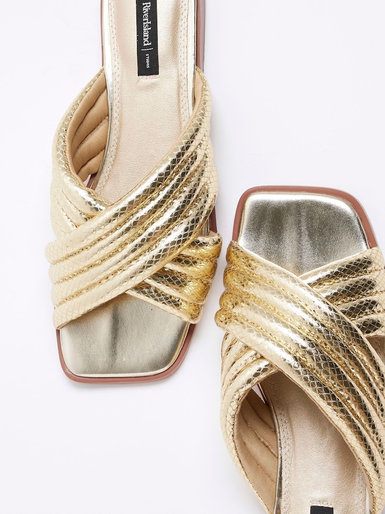 River Island Gold Padded Cross Strap Flat Mules - Image 4 of 6