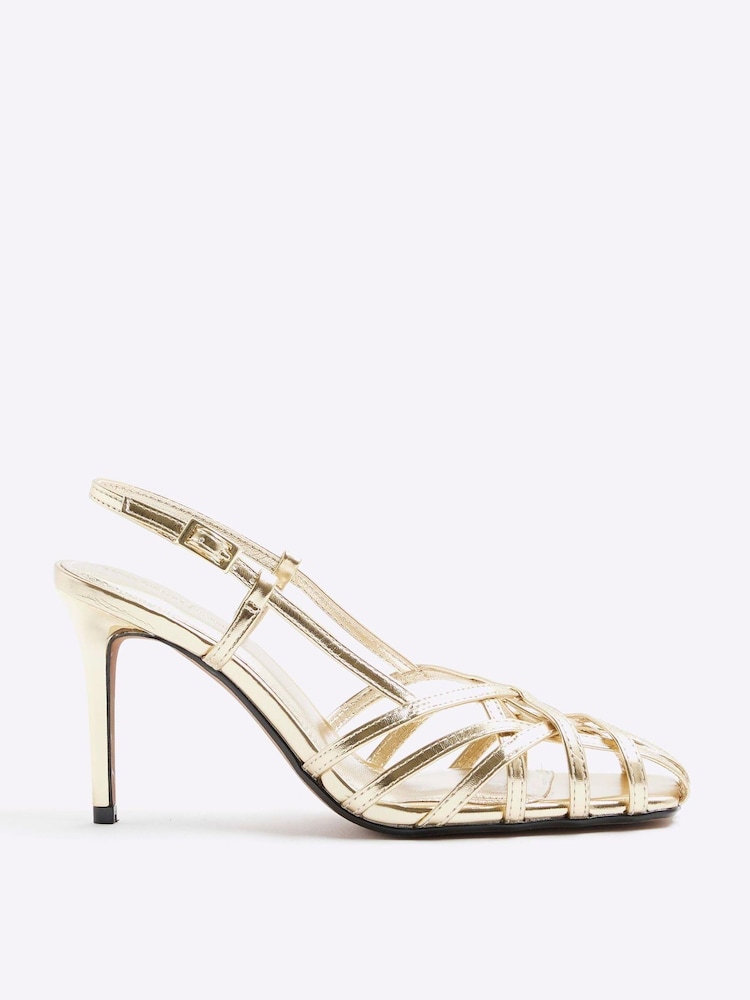 River Island Gold Caged Square Toe Heels - Image 1 of 1