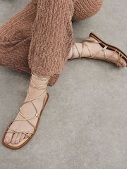 River Island Gold Plaited Tie Up Gladiator Flat Sandals - Image 1 of 1