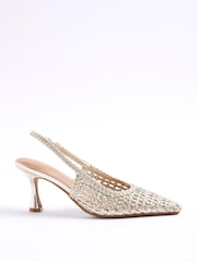 River Island Gold Woven Sling Back Heeled Court Shoes - Image 1 of 1