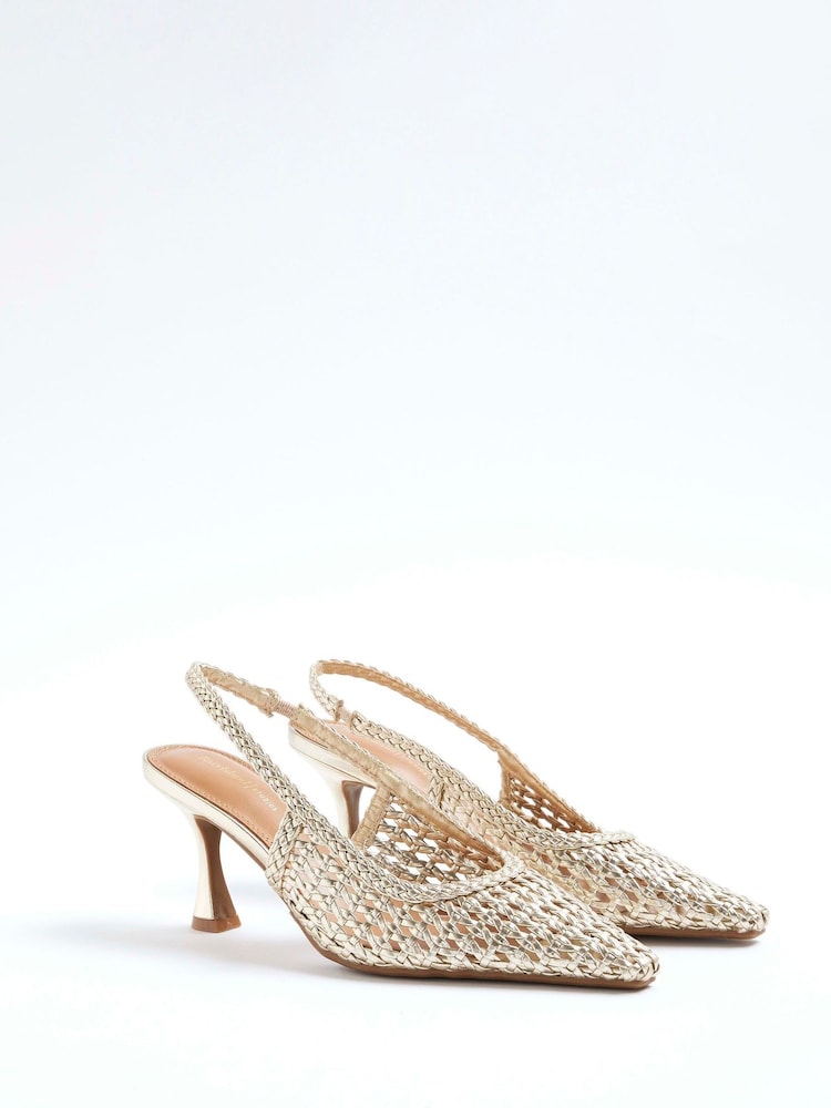 River Island Gold Woven Sling Back Heeled Court Shoes - Image 2 of 6 River Island Gold Woven Sling Back Heeled Court Shoes - Image 2 of 6