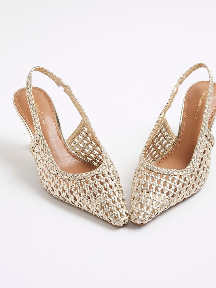 River Island Gold Woven Sling Back Heeled Court Shoes - Image 3 of 6
