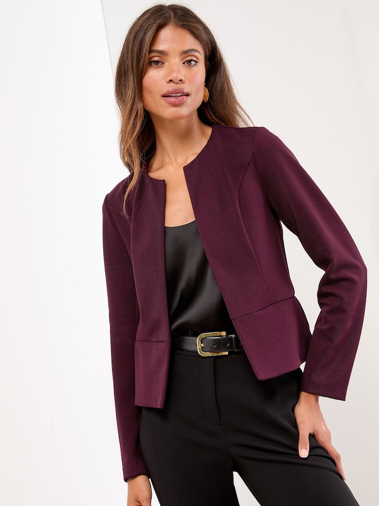 Lipsy Burgundy Red Cropped Collarless Blazer - Image 1 of 4 Lipsy Burgundy Red Cropped Collarless Blazer - Image 1 of 4