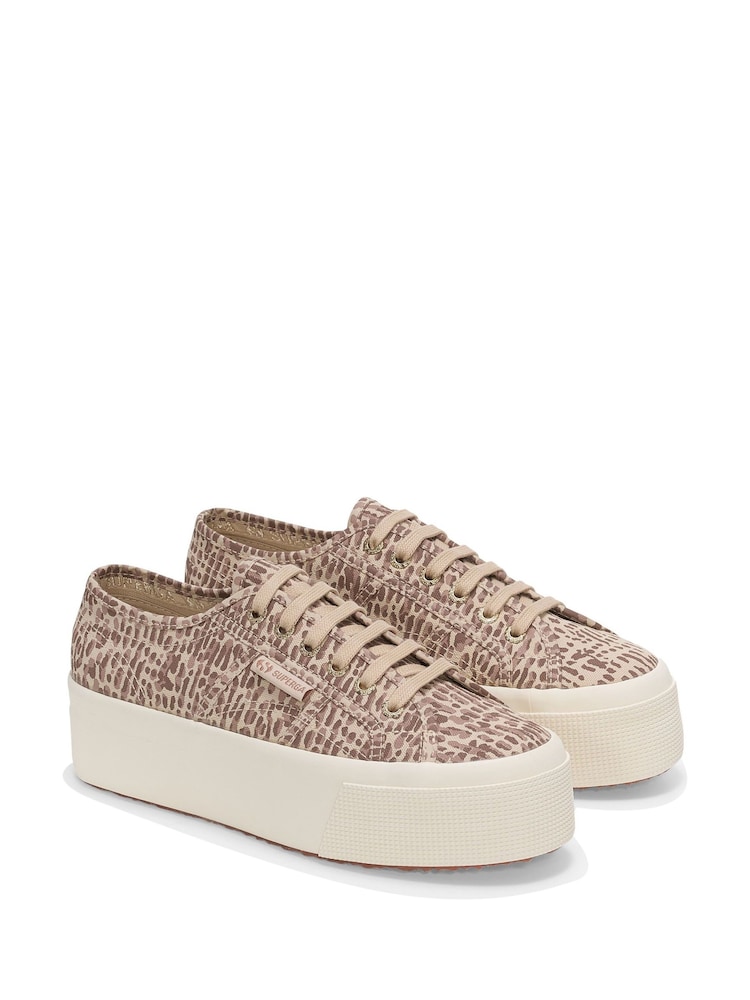 Superga 2790 Jaguar Print Canvas Trainers in Brown/Light Beige - Image 2 of 5
