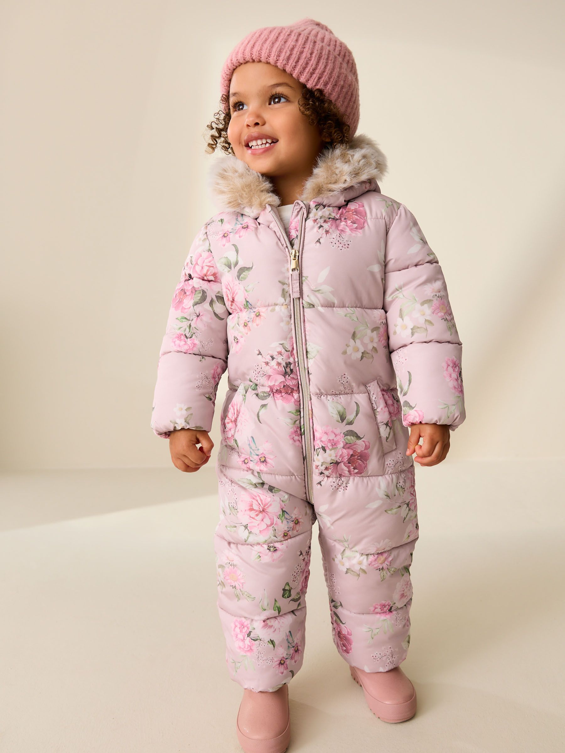 Buy Pink Floral Shower Resistant Faux Fur Trim Snowsuit (3mths