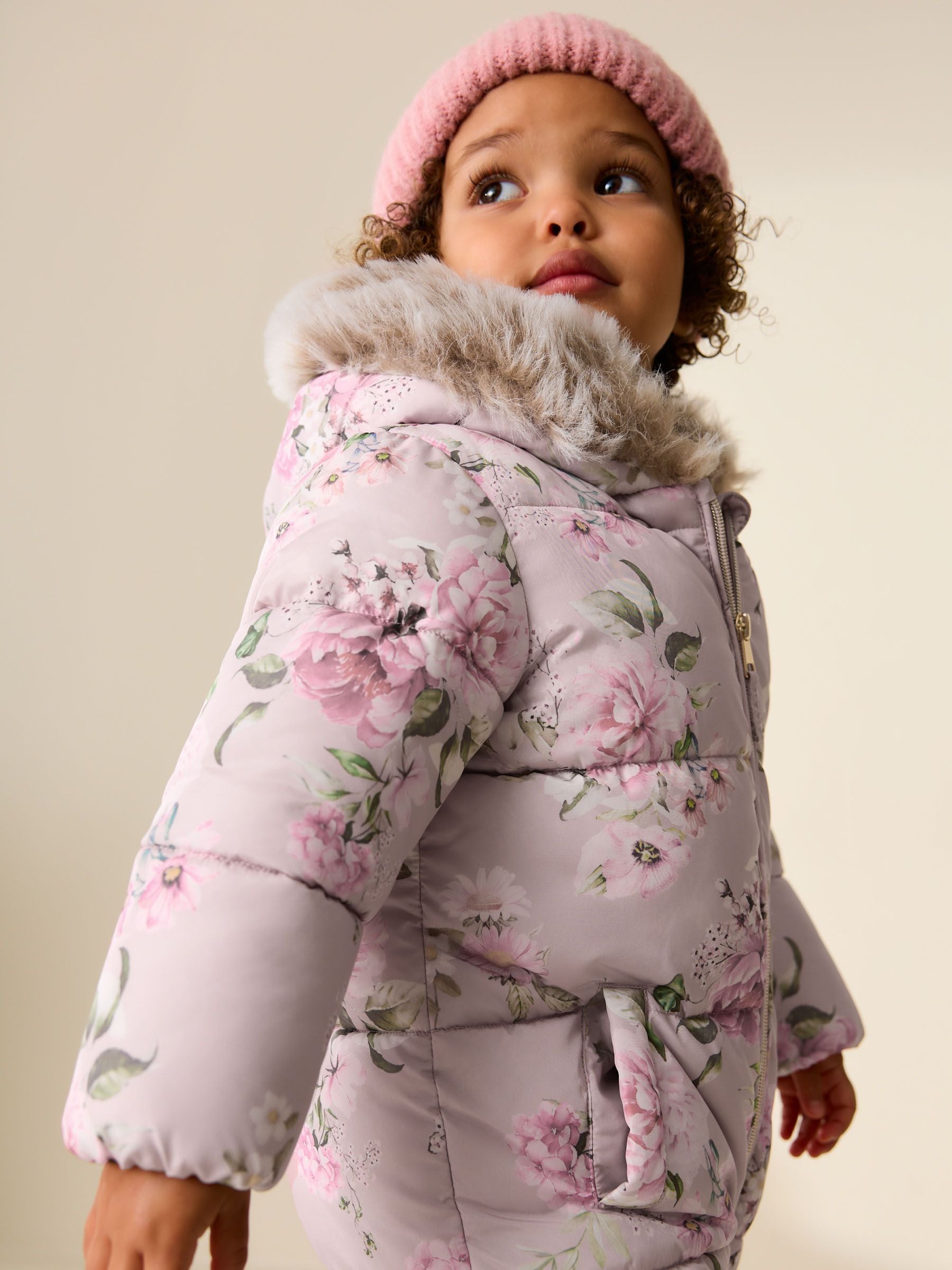 Buy Pink Floral Shower Resistant Faux Fur Trim Snowsuit (3mths
