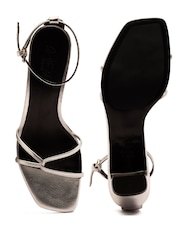 Off The Hook Silver Holborn Low Block Heel Leather Ankle Strap Sandals - Image 6 of 6