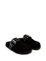 Off The Hook Black Paddington Buckle Suede Comfort Footbed Sandals - Image 1 of 6