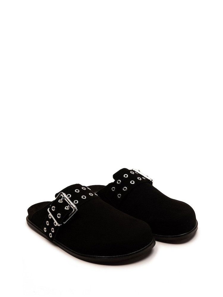 Off The Hook Black Paddington Buckle Suede Comfort Footbed Sandals - Image 1 of 6