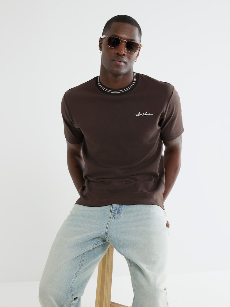River Island Brown Slim Fit Les Amis Ringer 100% Cotton T-Shirt - Image 4 of 4
