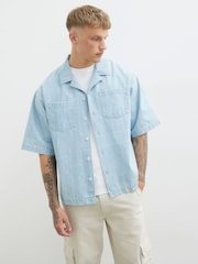 River Island Blue Regular Fit Paisley Denim 100% Cotton Shirt - Image 1 of 4