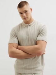 River Island Natural Slim Fit Quarter Zipped Polo Shirt - Image 1 of 4